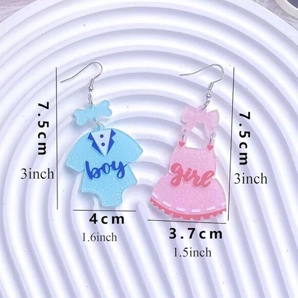 Gender Reveal Earrings Asymmetrical Blue Pink Dress Earrings - Picture 2 of 6